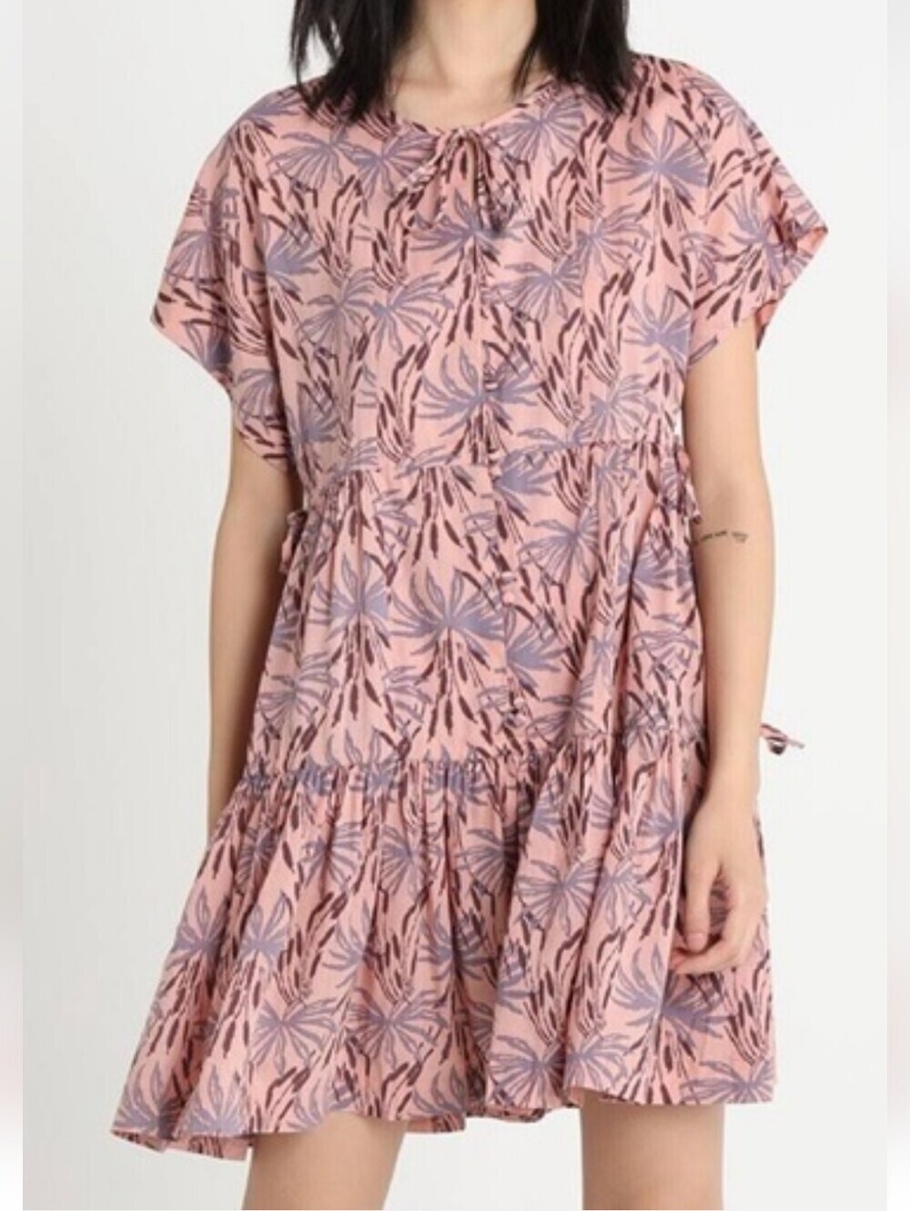 Madewell Pink and Purple Floral Print Button-Front Tiered Dress in